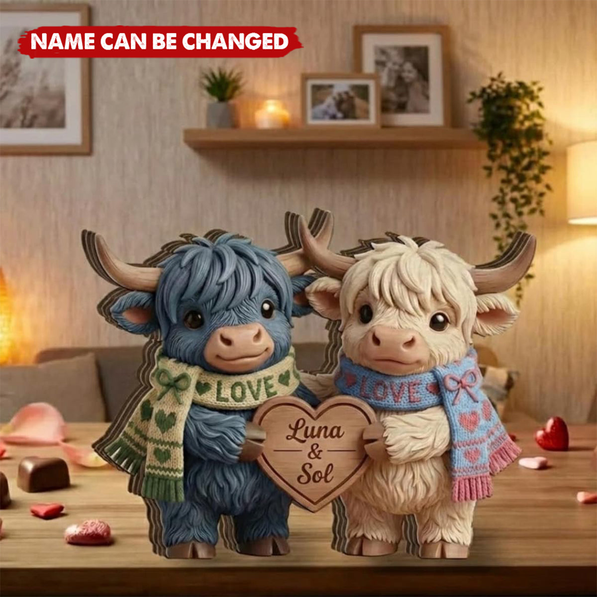 Personalized Wooden Block, Highland Cow Couple Figurine, Tabletop Shelf Decor, Farmhouse Home Accent