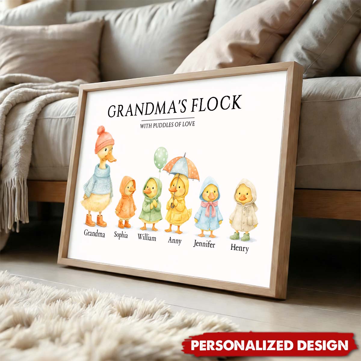 Grandparents Grandma Grandad's Flock with Puddles of Love - Personalised Poster - Gift for Grandma