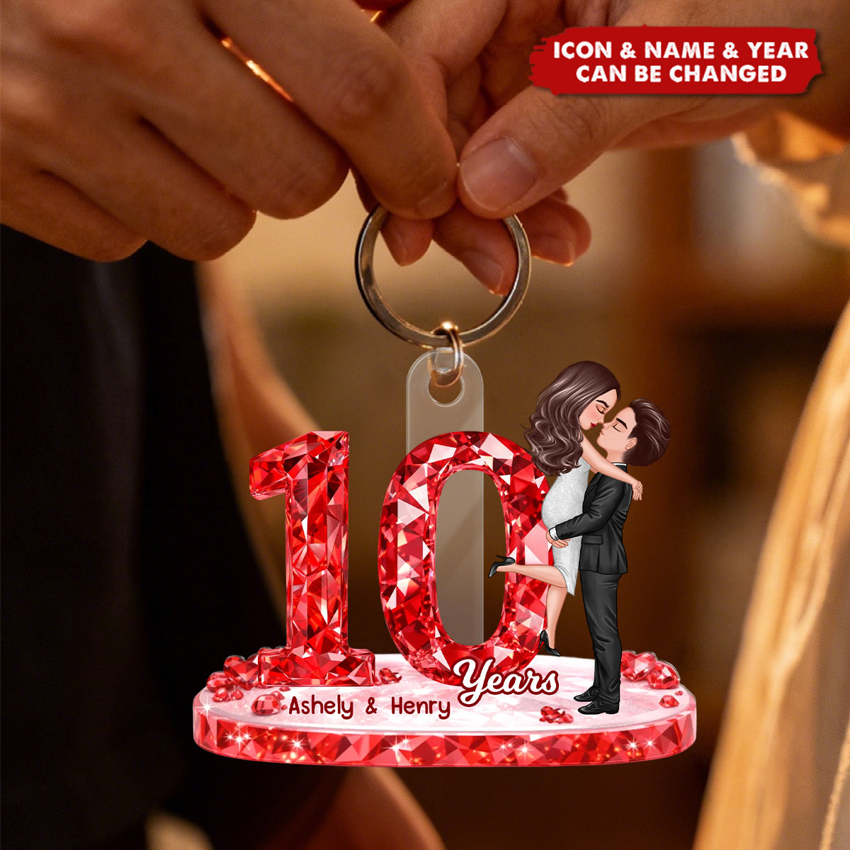 Couple Hugging Kissing Anniversary Date Crystal Effect - Personalized Acrylic Keychain - Sentimental Gift