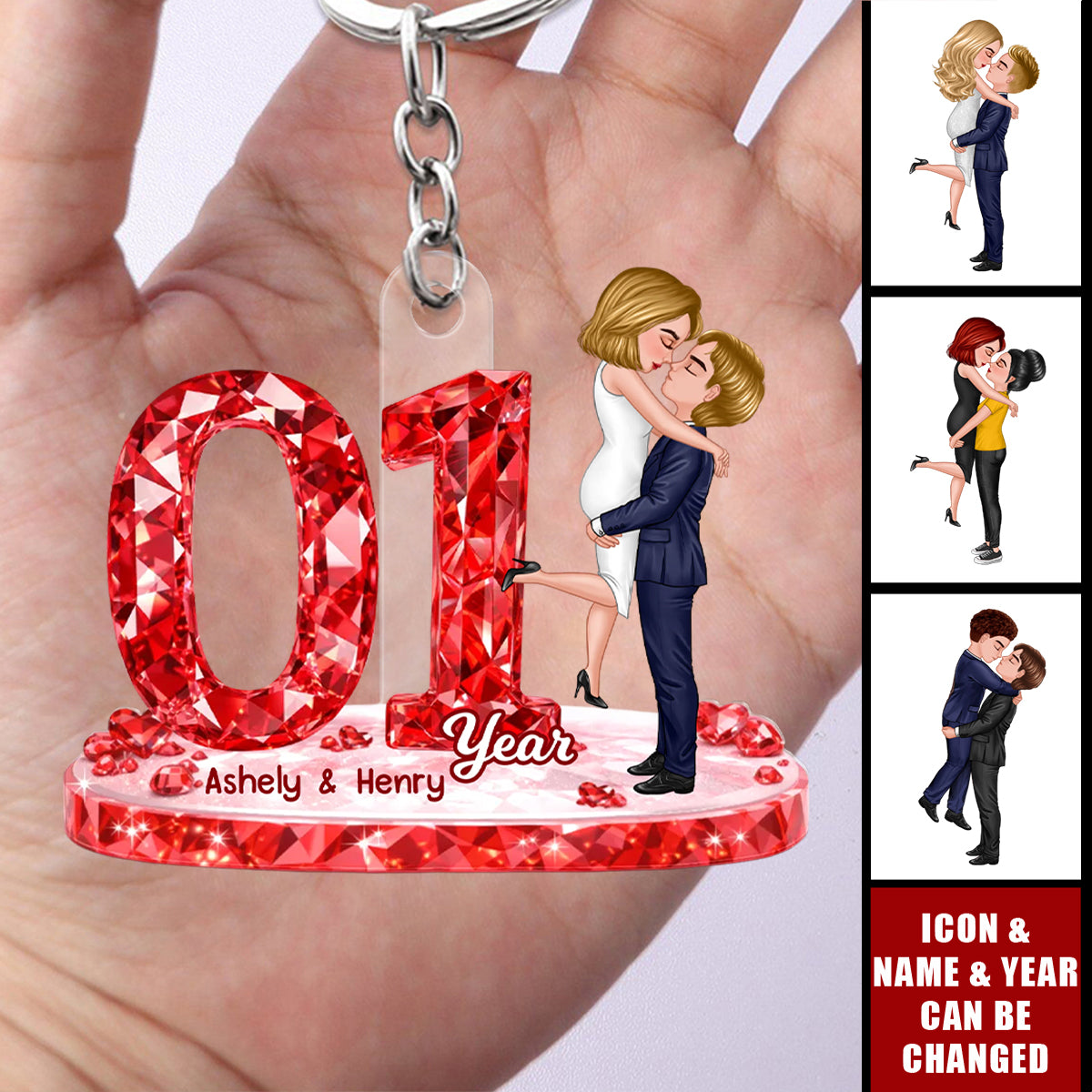 Couple Hugging Kissing Anniversary Date Crystal Effect - Personalized Acrylic Keychain - Sentimental Gift