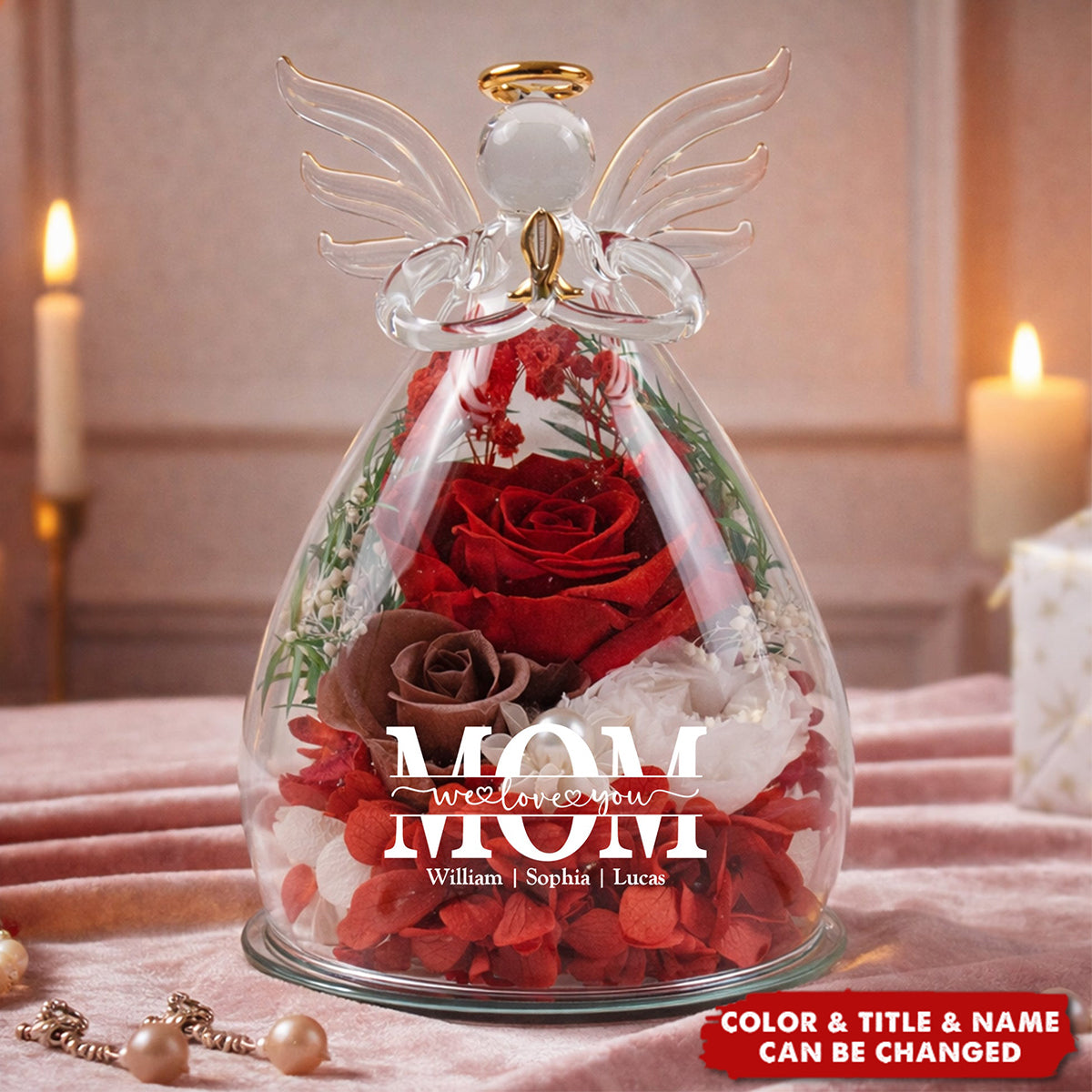 We Love You Mom! - Personalized Flower In Glass Angel Figurines