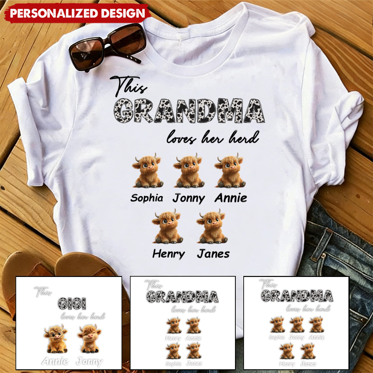 This Grandma Loves Her Herd - Personalized Highland Cow Family T-Shirt