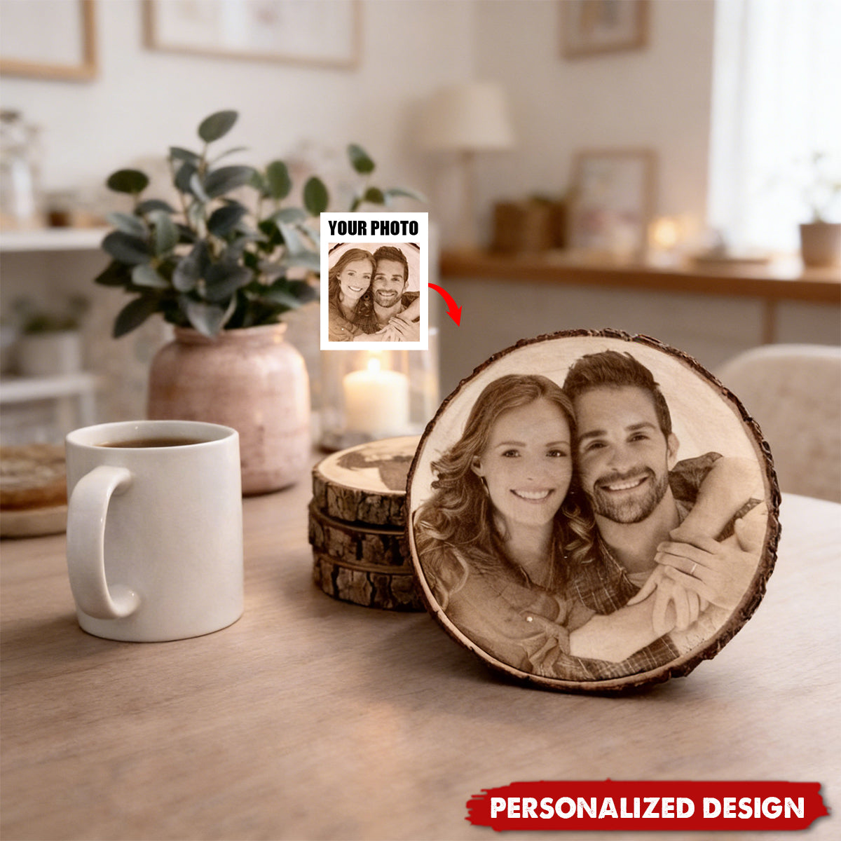 Personalized Photo Wood Coaster, Custom Engraved Couple Coaster, Valentine's Day Gift For Him, For Her