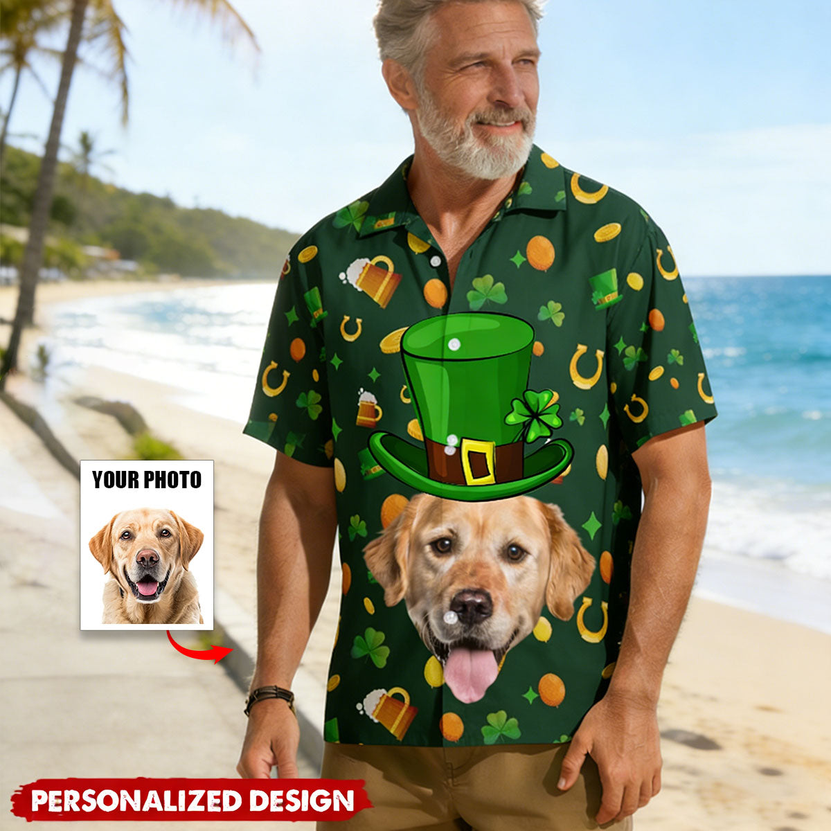 Personalized Photo Hawaiian Shirt - Custom Pet Face St Patrick's Day For Dog Lovers, Cat Lovers