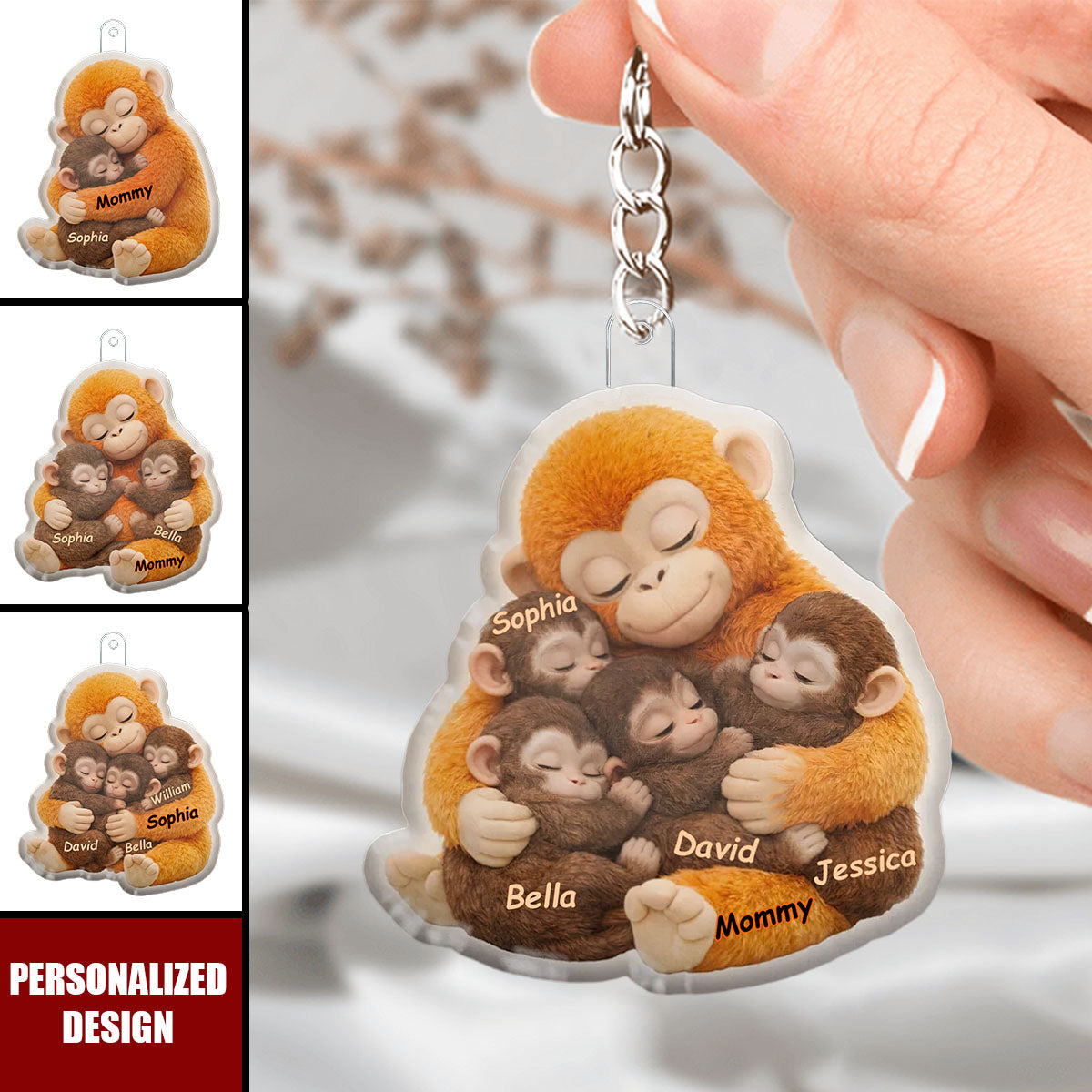 Mother Monkey & Children, Baby Monkey Punch - Personalized Personalized Keychain - Heartfelt Mother's Day Gift for Mom, Wife