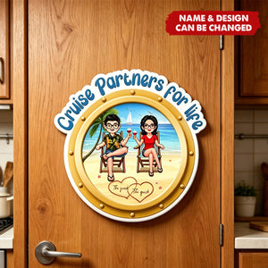 Cruise Partners For Life Porthole Doll Couple Sitting On The Beach - Personalized Cruise Ship Door Magnet