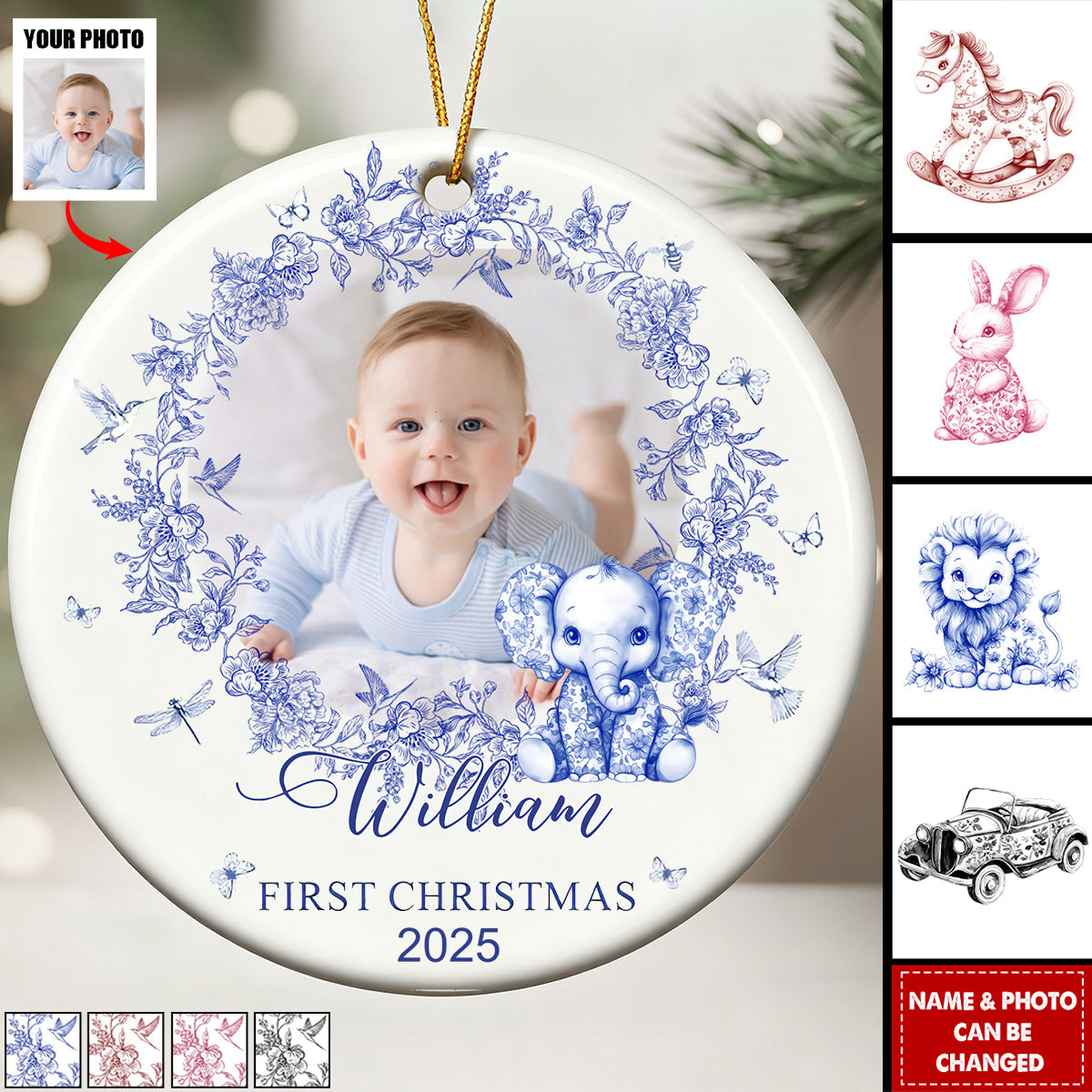 Baby's First Christmas For Baby Girl, Baby Boy Toile De Jouy - Personalized Ceramic Photo Ornament