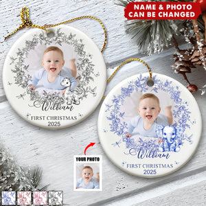 Baby's First Christmas For Baby Girl, Baby Boy Toile De Jouy - Personalized Ceramic Photo Ornament