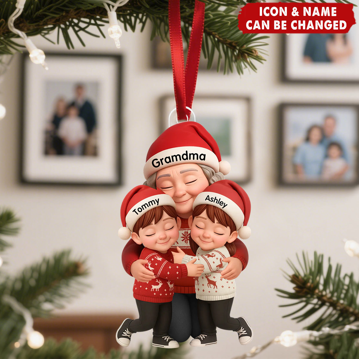 Grandma Hugging Grandkids - Personalized Acrylic Ornament - Heartwarming Christmas Gift for Grandma, Grandkids