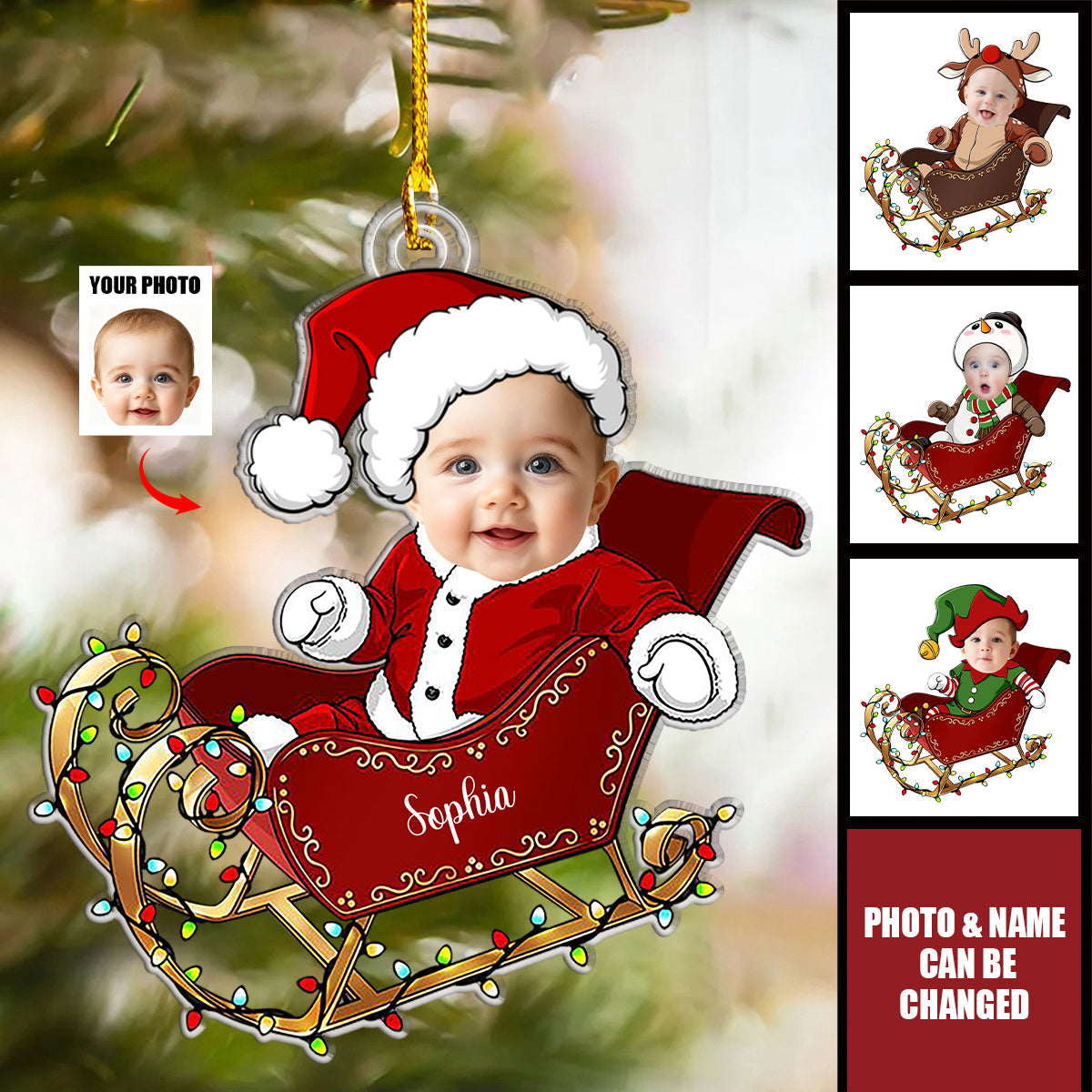 Custom Face Adorable Baby With Santa Sleigh - Acrylic Photo Ornament