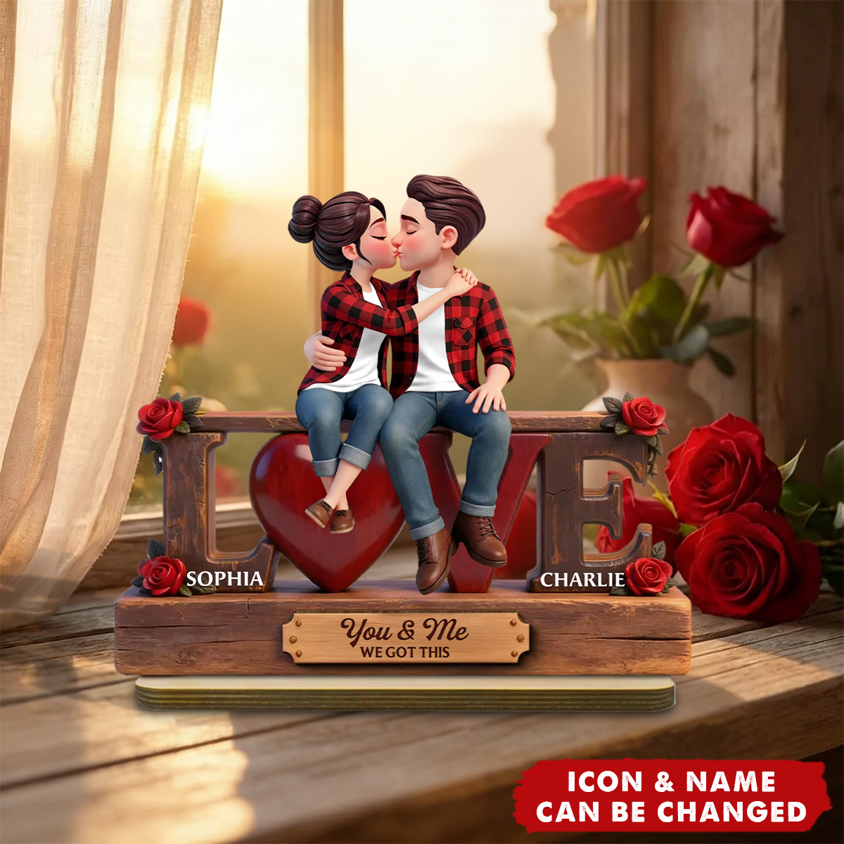 Eternal Rose LOVE Couple Forever Together - Personalized 2-Layered Wooden Plaque - Valentine's Day Gift For Couple