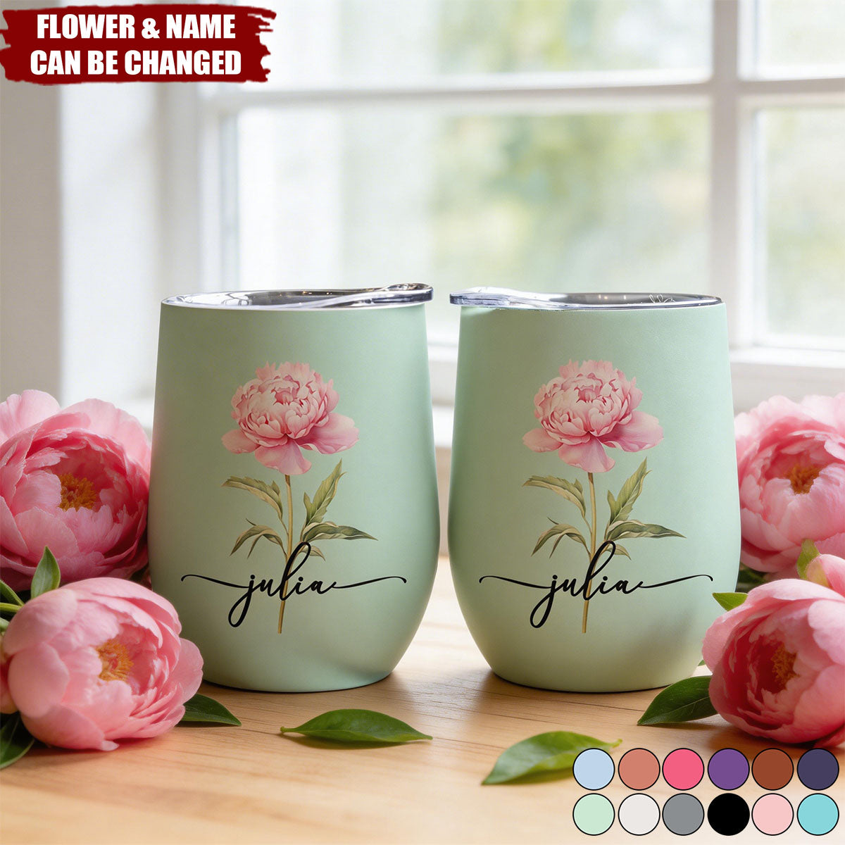 Custom Birth Flower & Name For Her, Wife, Daughter, Sister - Personalized Wine Tumbler