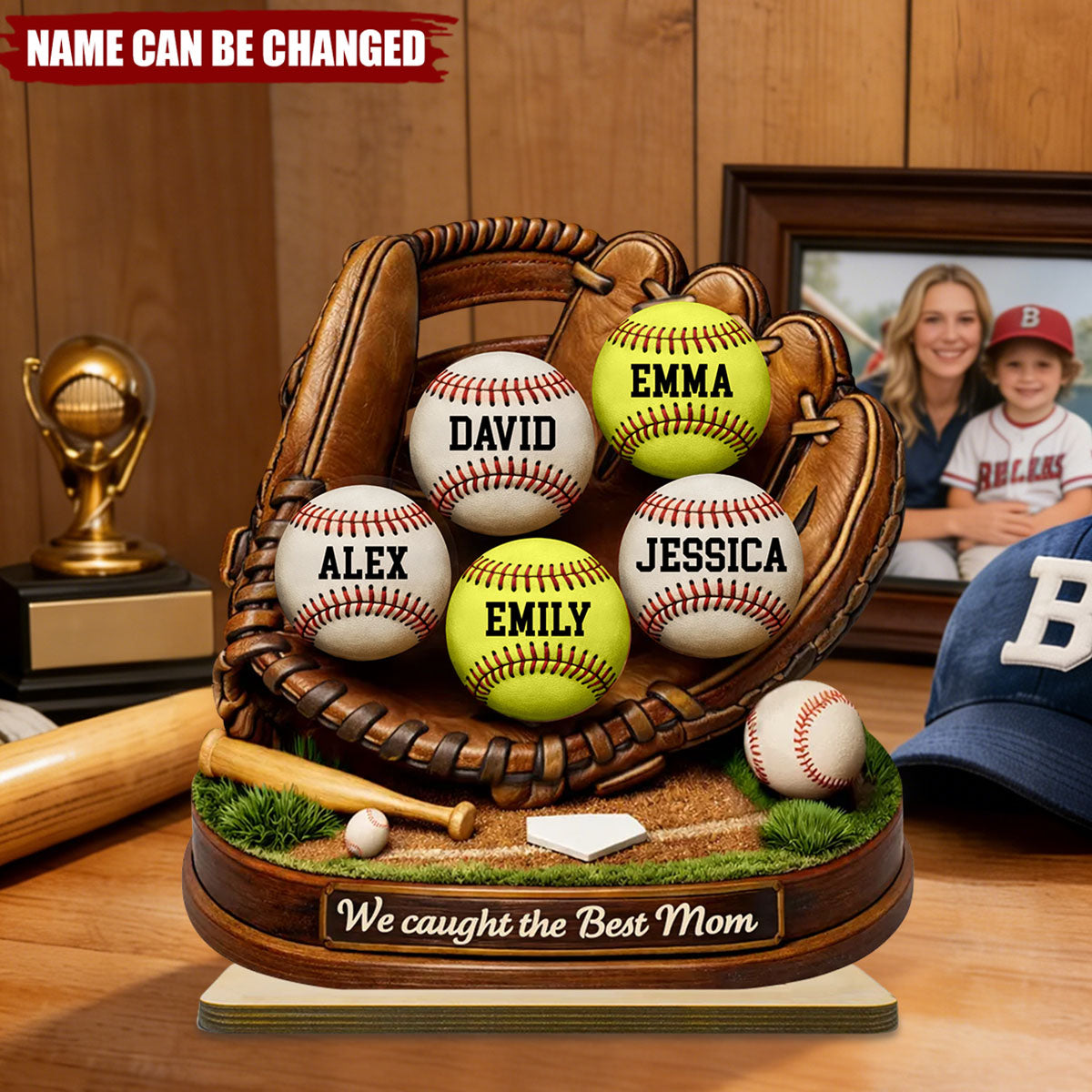 We Caught the Best Mom Baseball Softball - Personalized 2-Layered Wooden Plaque - Heartfelt Gift for Mom