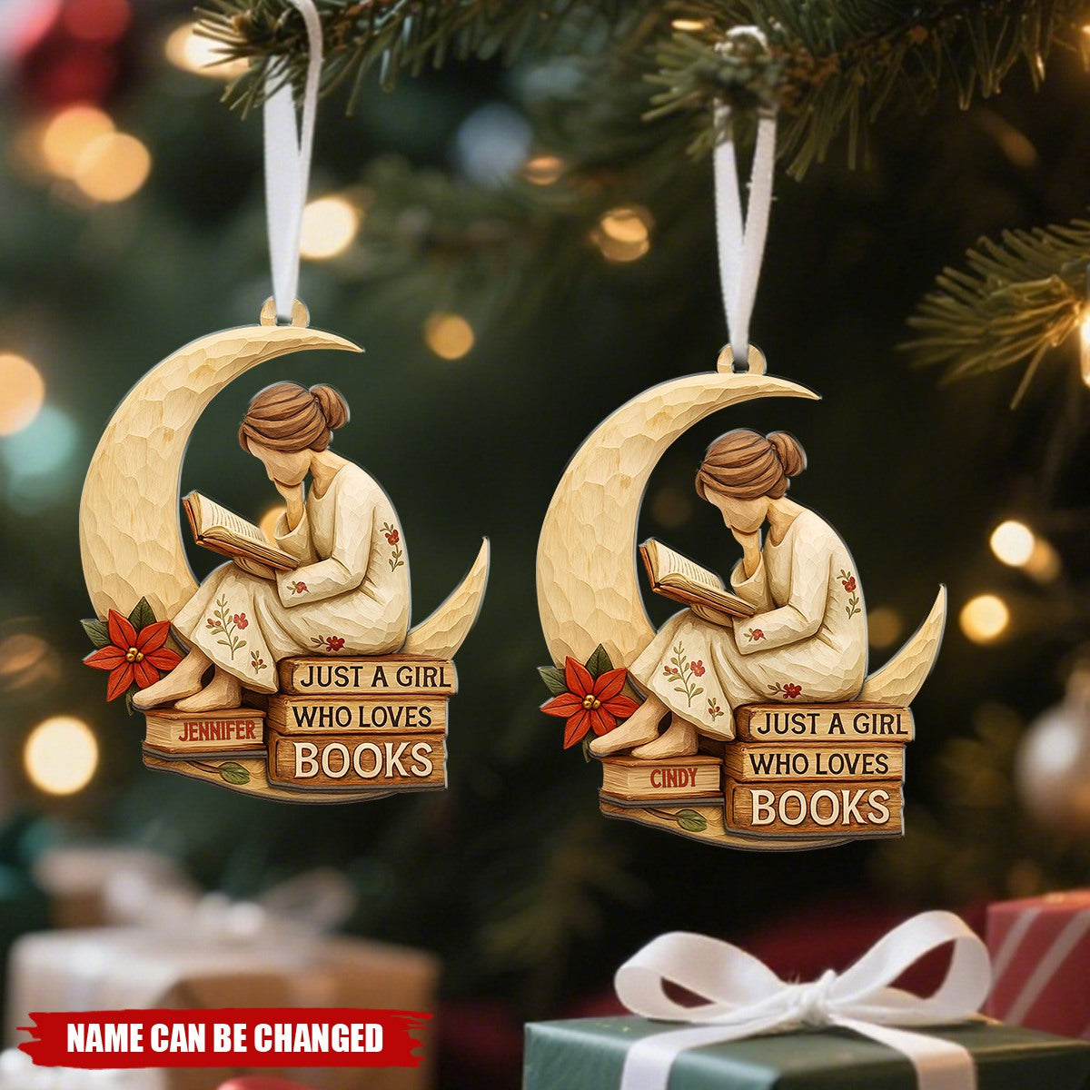 Just A Girl Who Loves Books Personalized Wooden Christmas Ornament