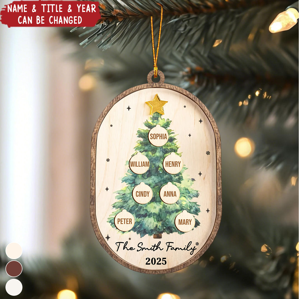 Family Christmas Tree Water Color Personalized 2-Layered Wooden Ornament