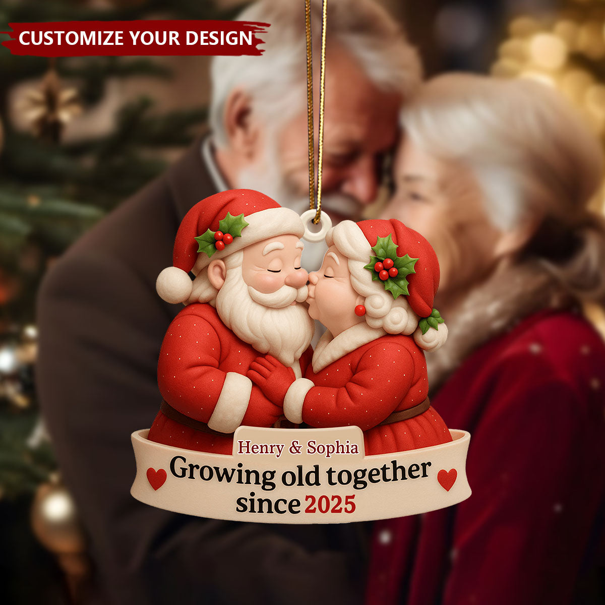 Growing Old Together With Santa and Mrs. Claus Custom Wood Ornament,Gift For Couples and Family