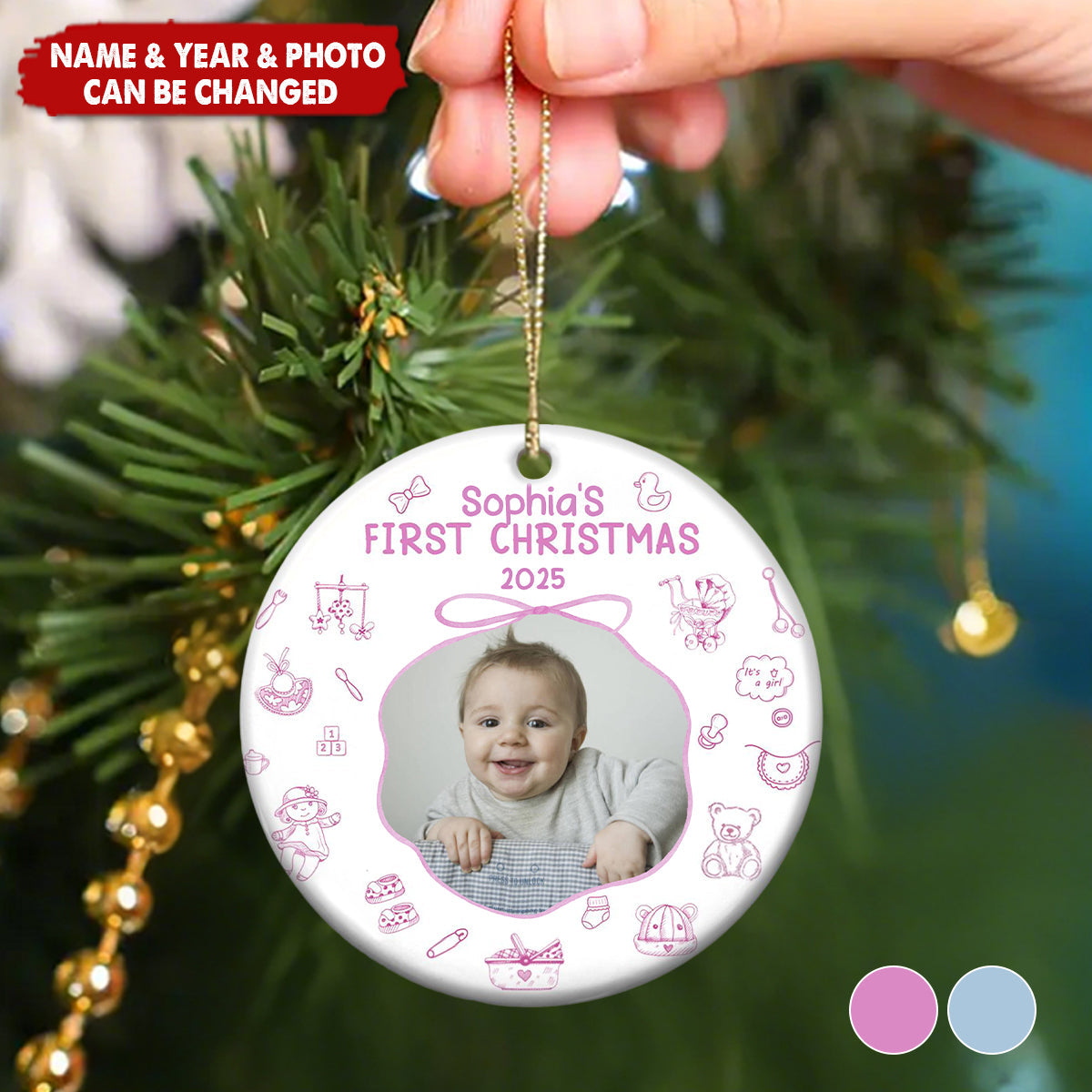 Baby First Christmas Toile De Jouy - Personalized Ceramic Photo Ornament