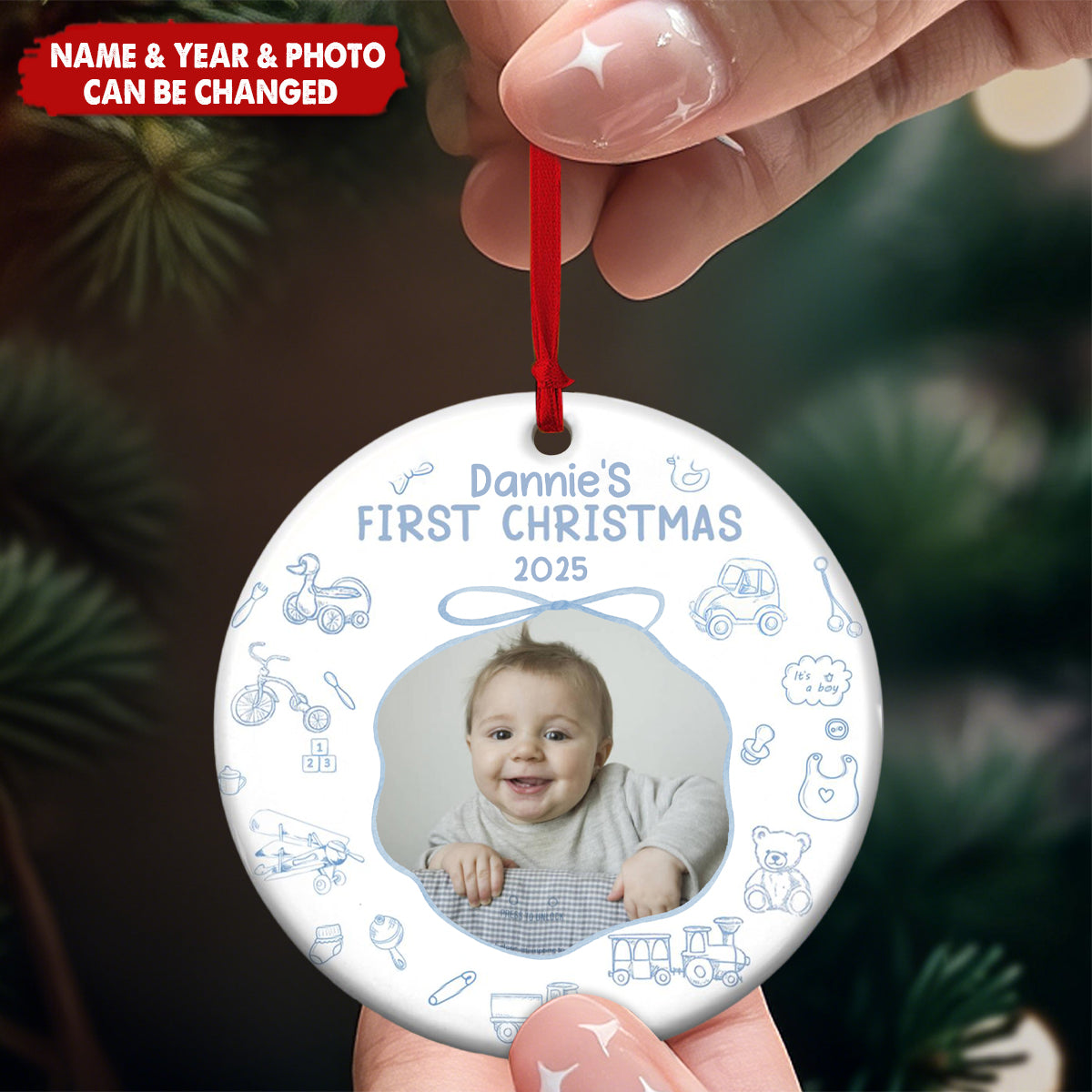 Baby First Christmas Toile De Jouy - Personalized Ceramic Photo Ornament