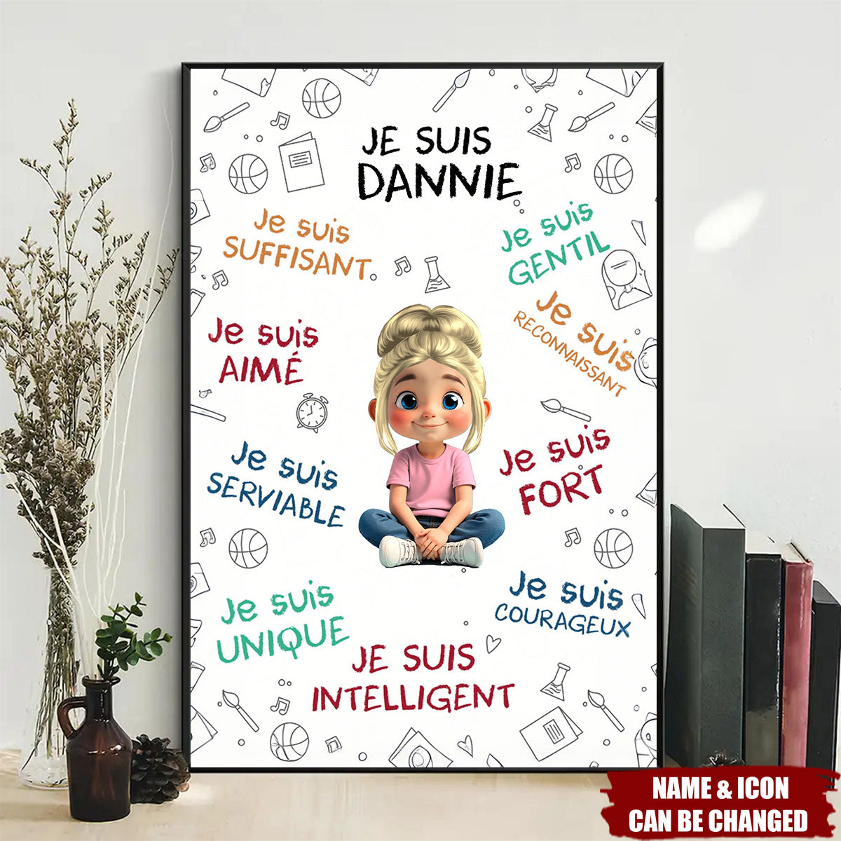 Empowering Words With Cartoon Girl For Daughter, Personalized Vertical Poster, Gift For Daughters