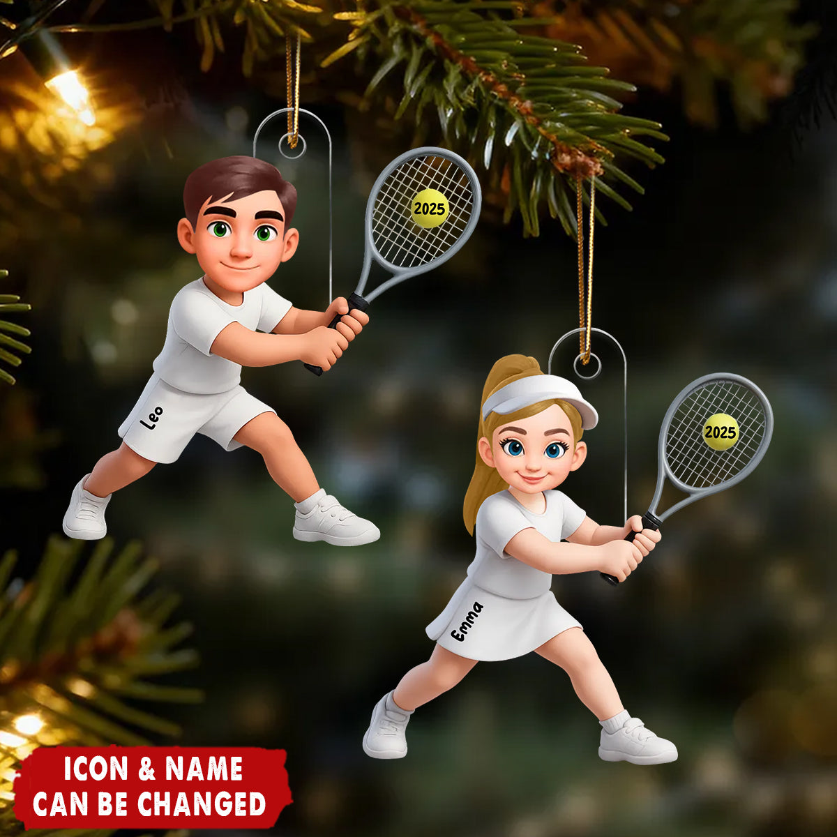 Christmas Girl Boy Playing Tennis - Personalized Acrylic Ornament - Gift For Tennis Players, Grandson, Granddaughter