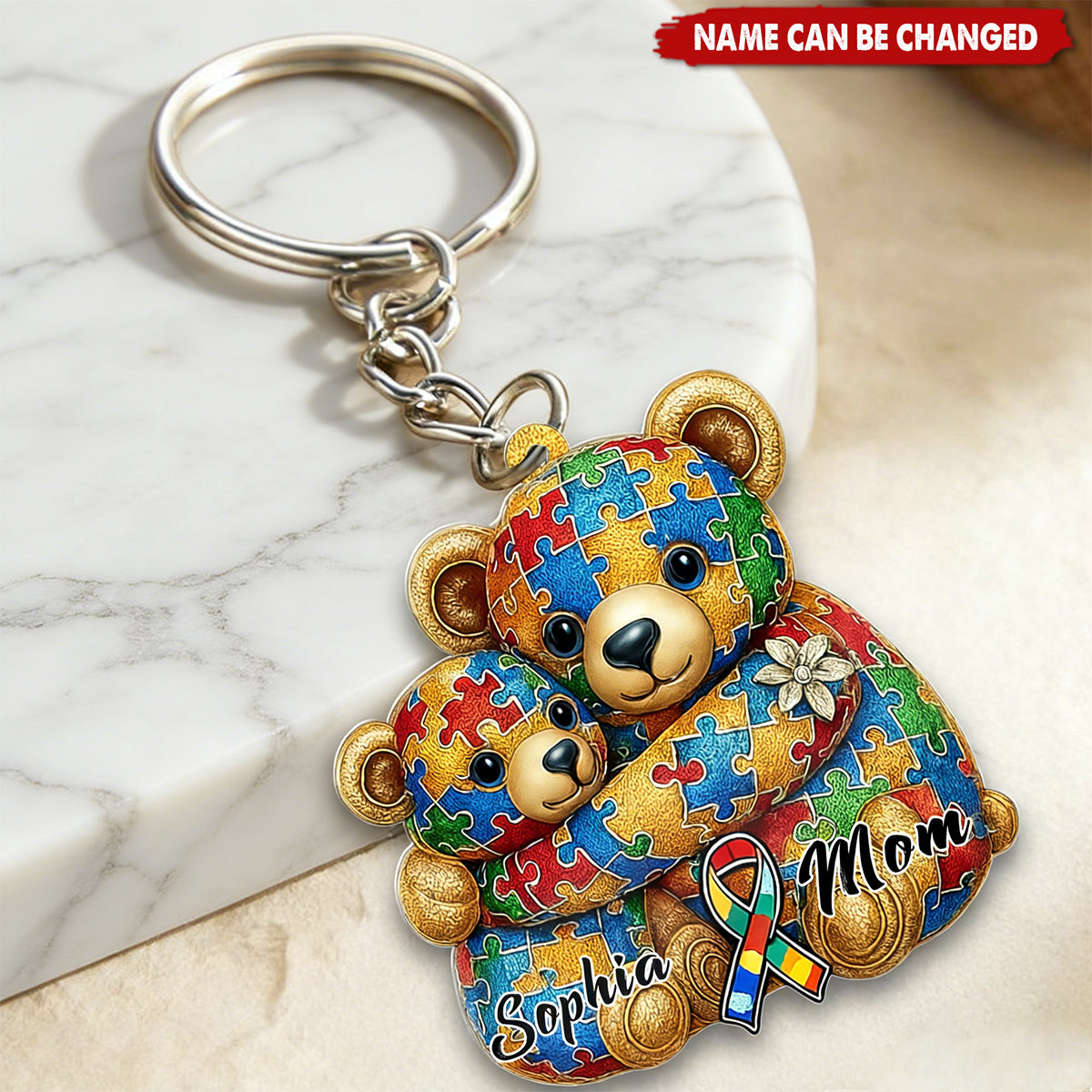 Bear Mom And Kid Personalized 2D Autism Awareness Acrylic Family Keychain