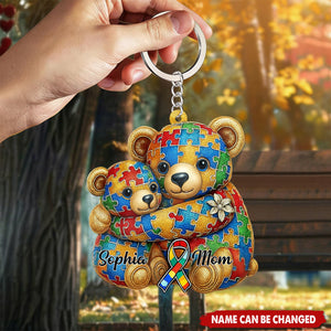 Bear Mom And Kid Personalized 2D Autism Awareness Acrylic Family Keychain