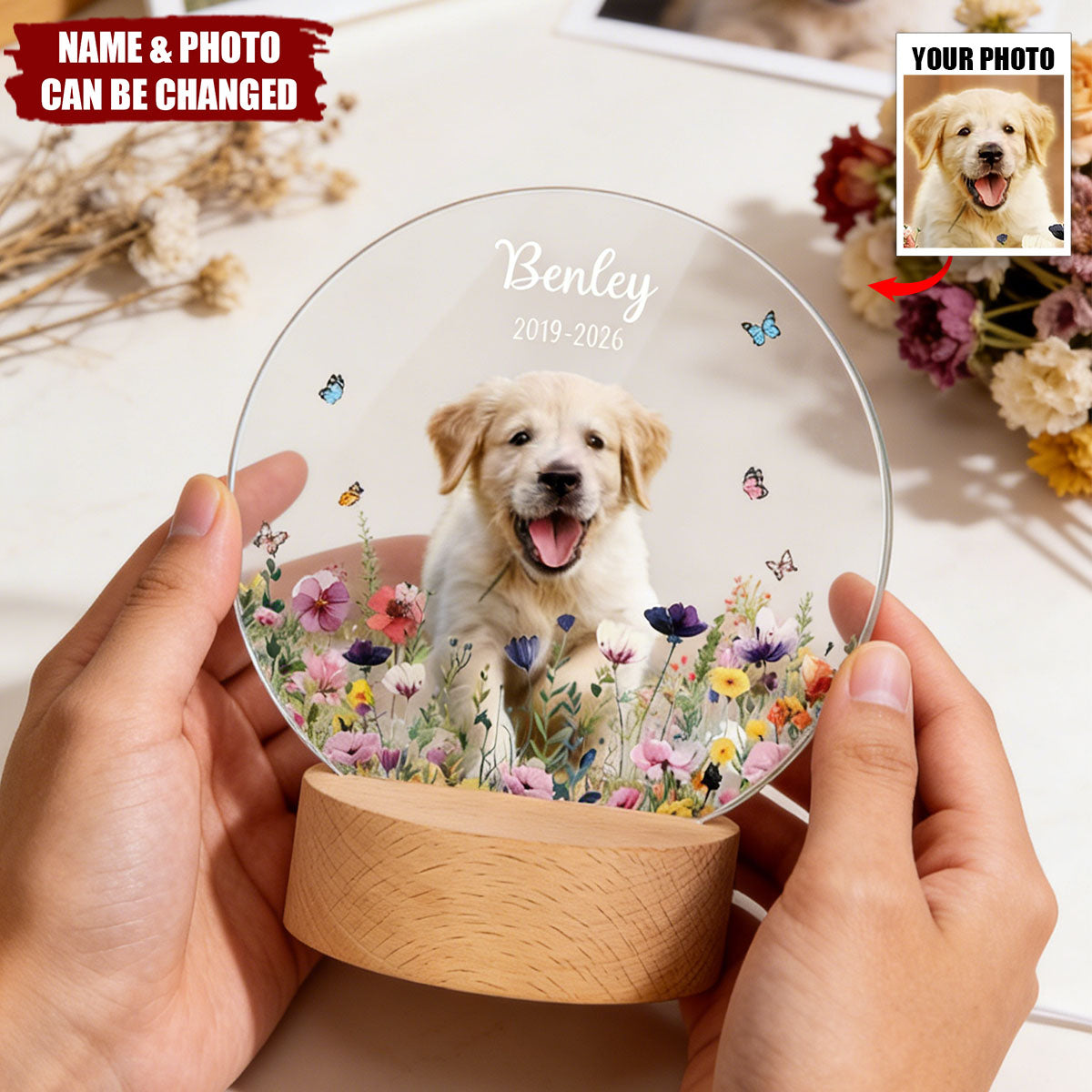 Personalized Floral Pet Photo LED Night Light - Gift For Pet Lovers