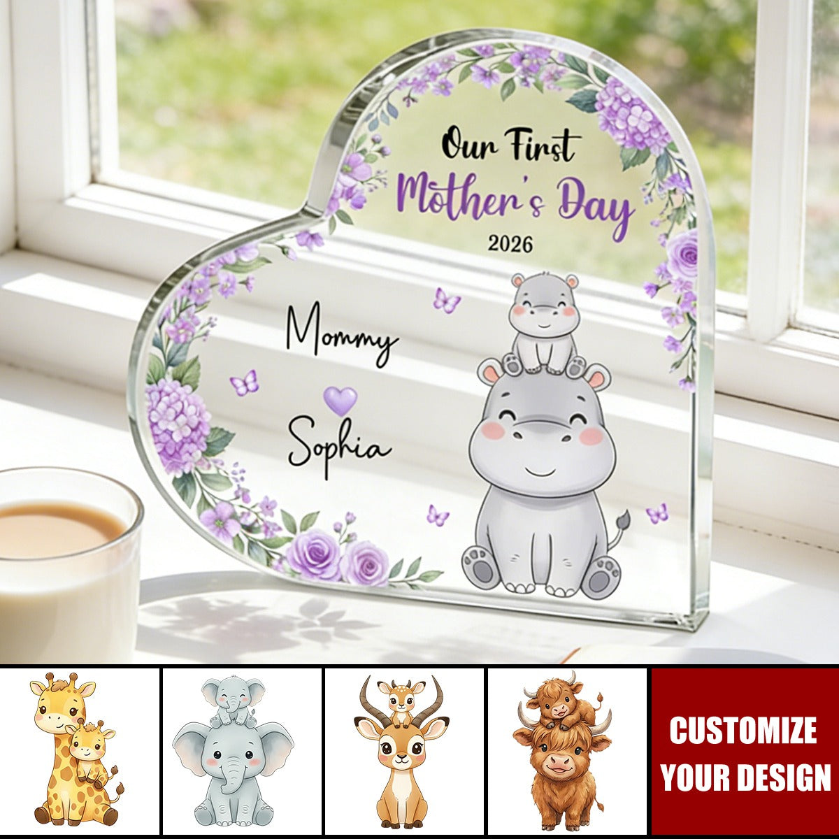Personalized 1st Mother's Day Cute Parent-Child Animal Heart Acrylic Plaque