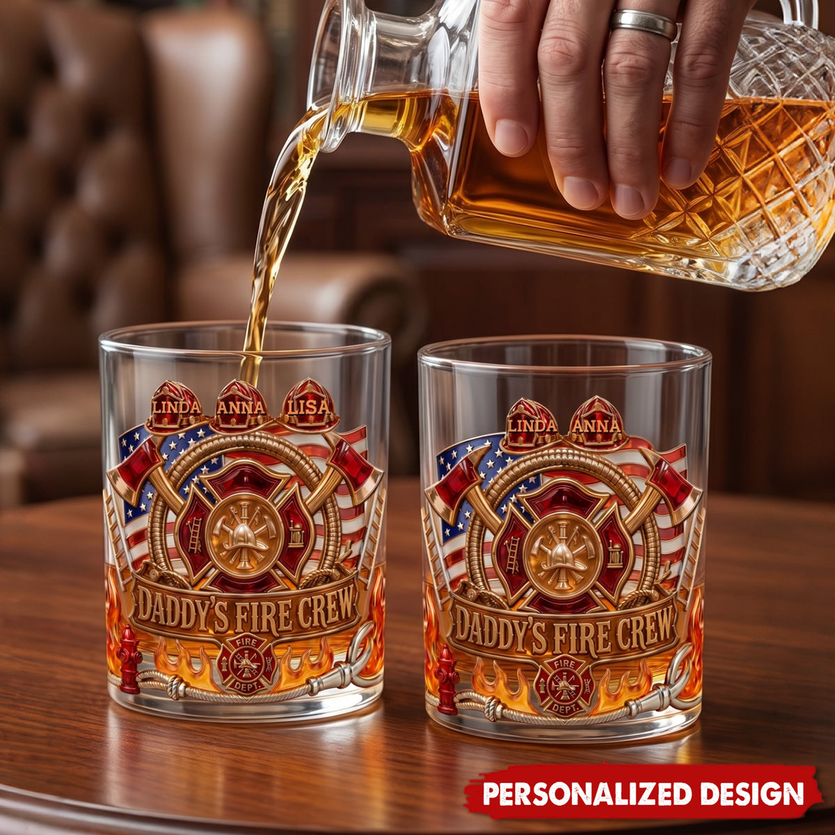 Firefighter Daddy's Crew - Personalized Whiskey Glass, Father's Day Gift For Dad