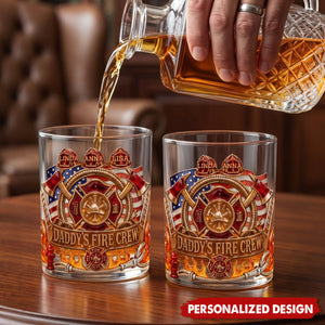 Firefighter Daddy's Crew - Personalized Whiskey Glass, Father's Day Gift For Dad