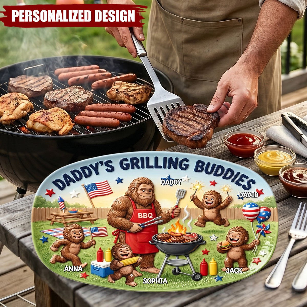 Bigfoot Dad Grilling Plate - Personalized Platter - Gift For Dad