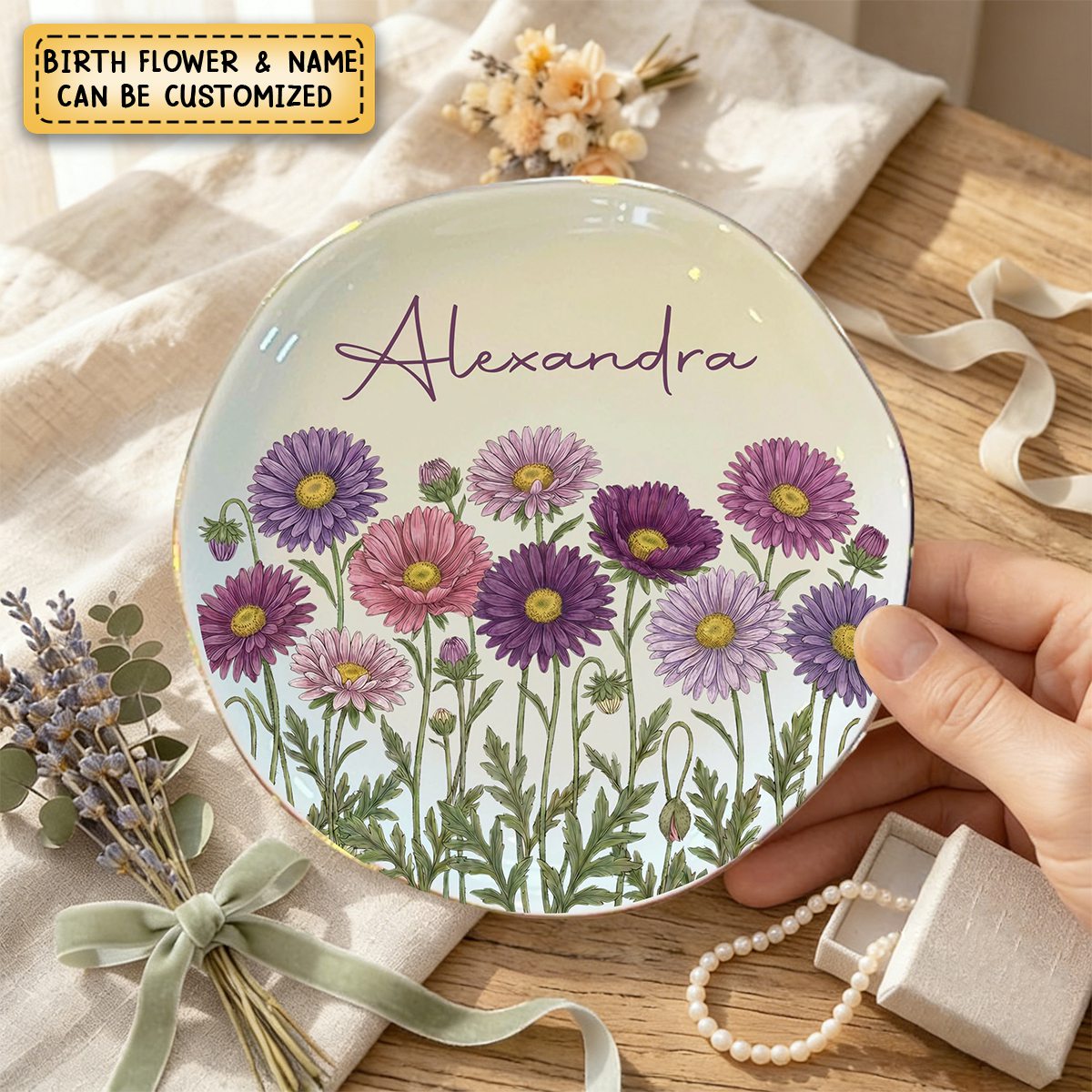 Custom Name Watercolor Birth Month Flower - Personalized Jewelry Dish