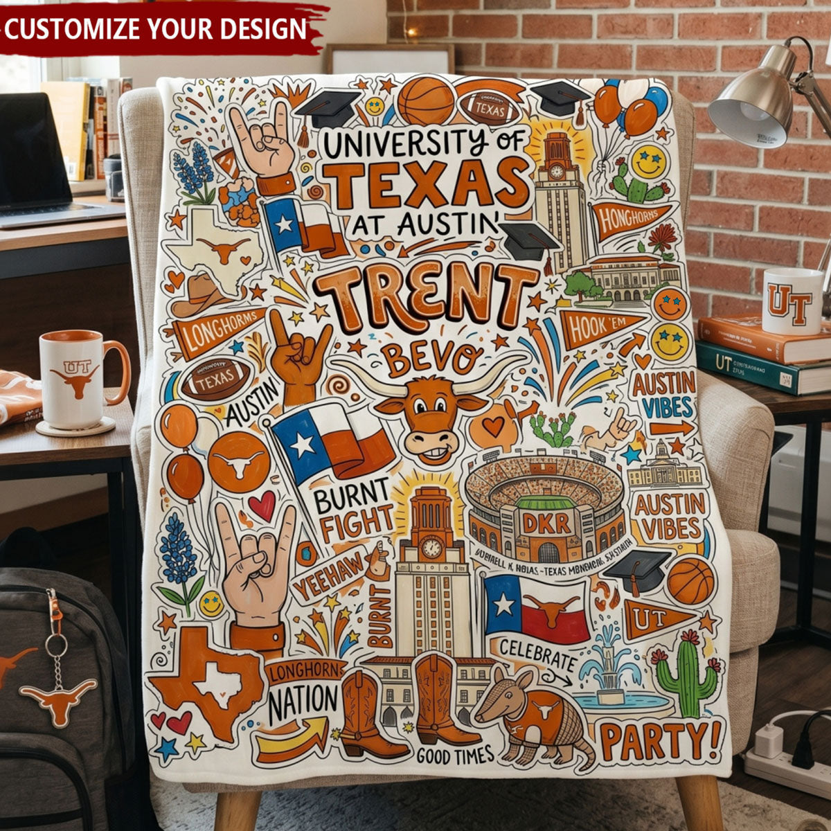 Doodle Party Style Dorm Throw - Personalized College Campus Graffiti Blanket, Graduation Gift for Students