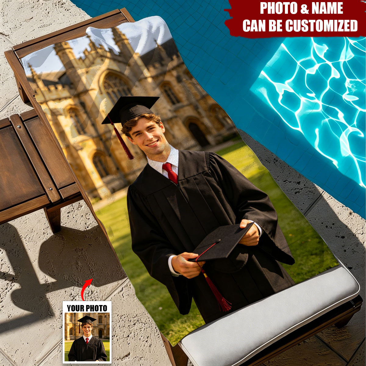 Custom Graduation Photo Beach Towel - Personalized College Graduates Beach Towel, 2026 Grad Gifts
