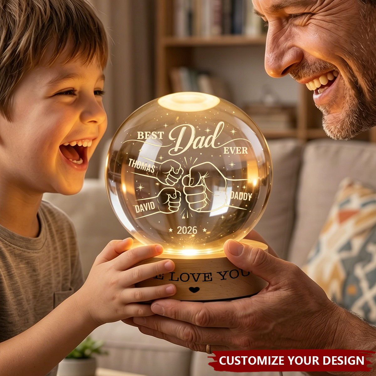 Custom Dad Gradpa Kids Holding Hands - Personalized Crystal Ball Night Light, Father’s Day Gift