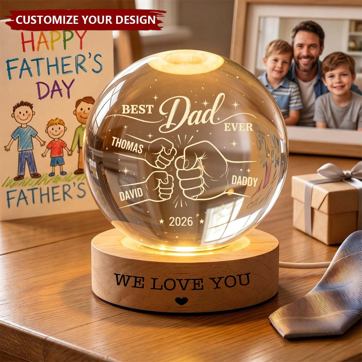 Custom Dad Gradpa Kids Holding Hands - Personalized Crystal Ball Night Light, Father’s Day Gift