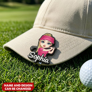 Golf Ball Marker with Magnetic Hat Clip - Personalized Cartoon Golf Character and Name,  Birthday Game Day Gift for Golf Players