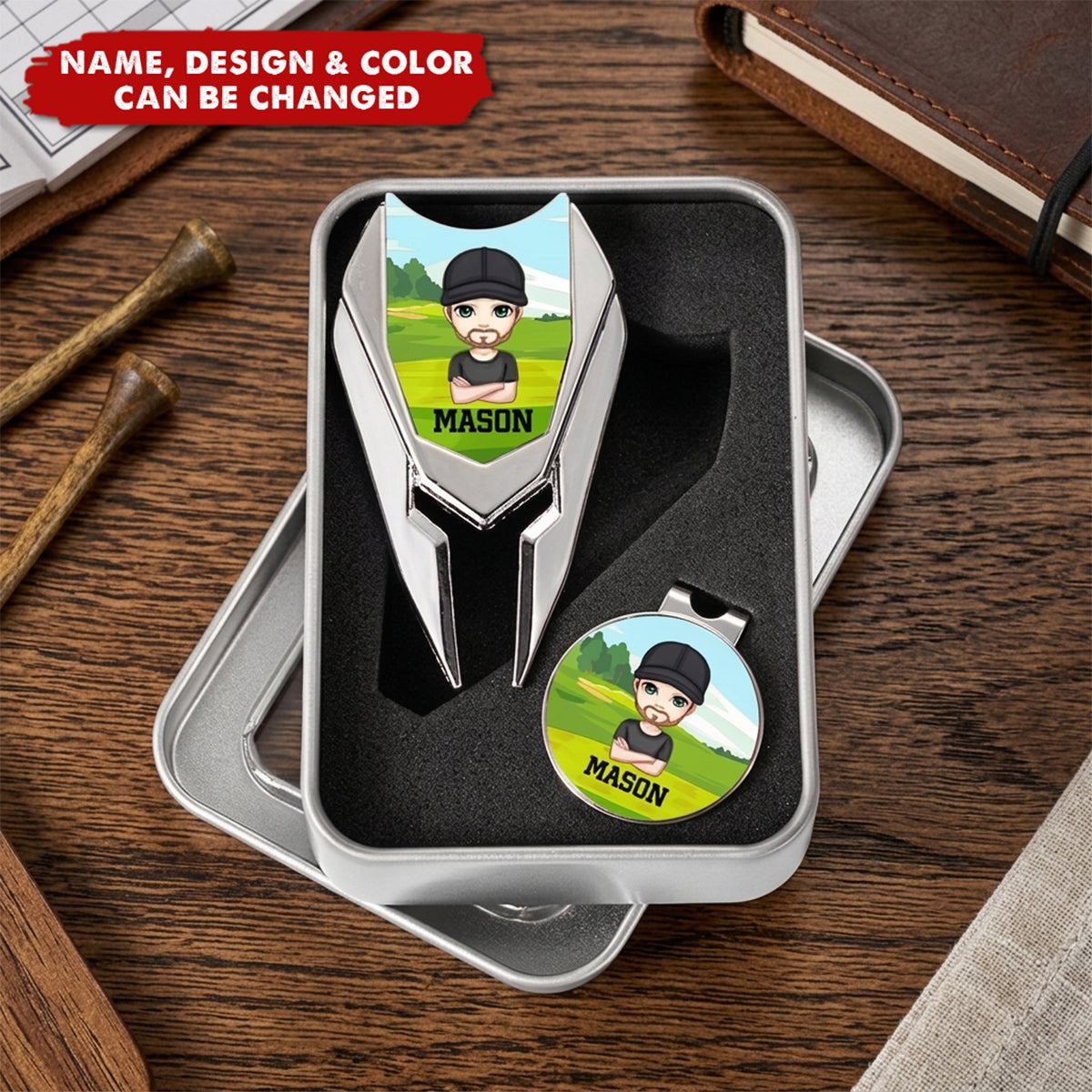 Personalized Cartoon Character Name Magnetic Divot Repair Tool Ball Marker Set Hat Clip with Case Golf Accessory Birthday Gift for Golf Lover