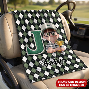 Personalized Cartoon Character Soft Golf Towel with Name Initial and Carabiner Daily Use Birthday Father's Day for Golfer