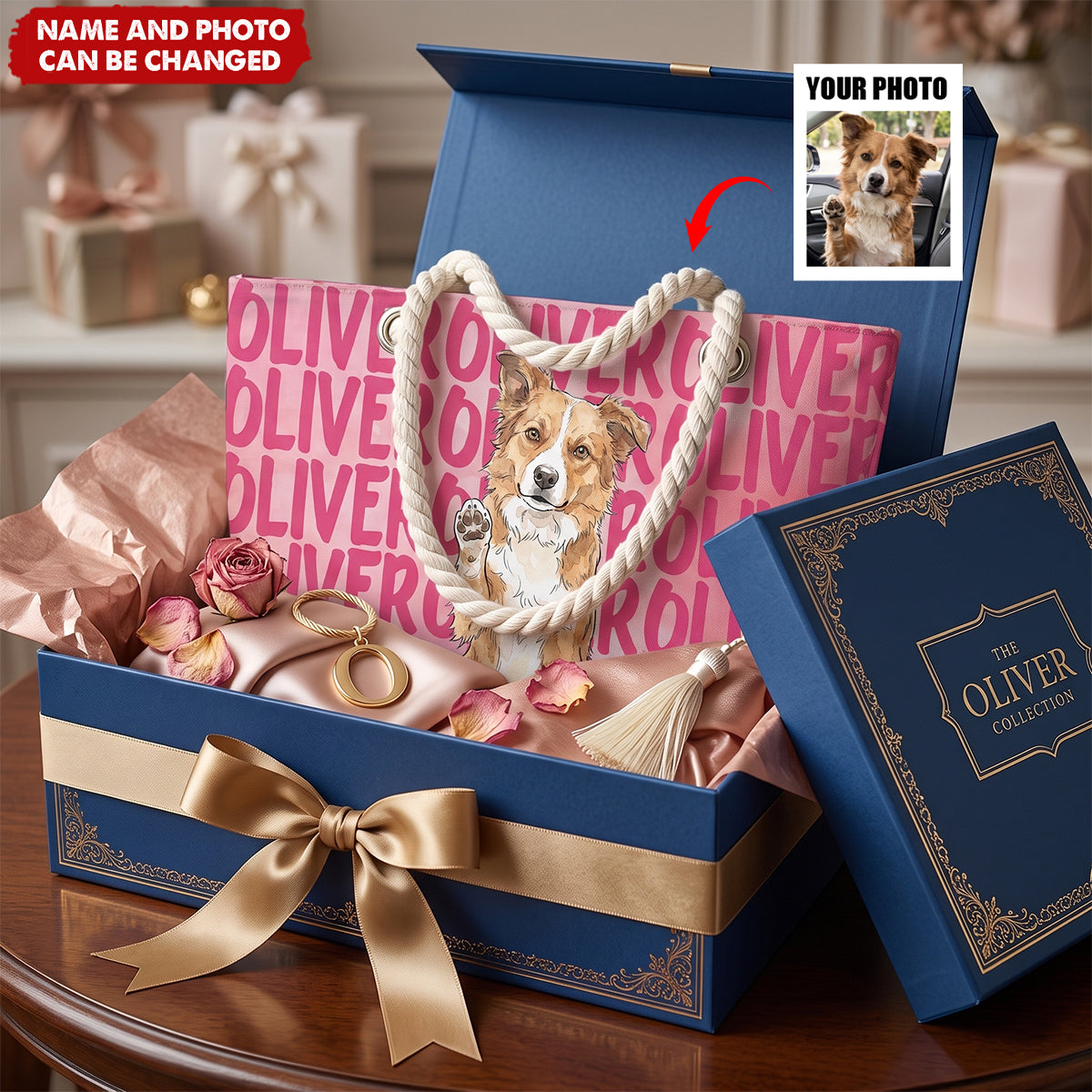Custom Pet Portrait & Name Watercolor Style - Personalized Beach Bag