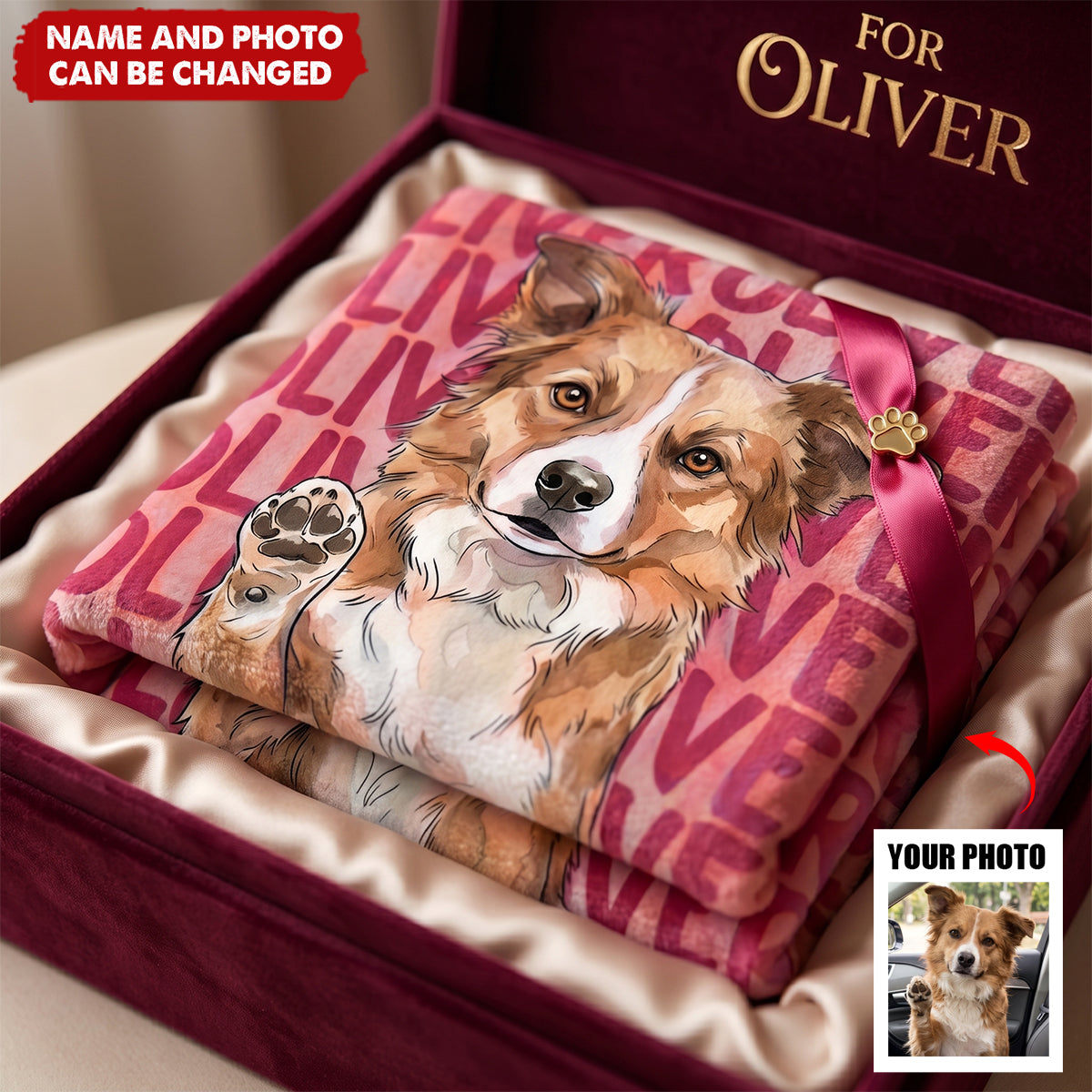 Custom Pet Portrait & Name Watercolor Style - Personalized Beach Towel