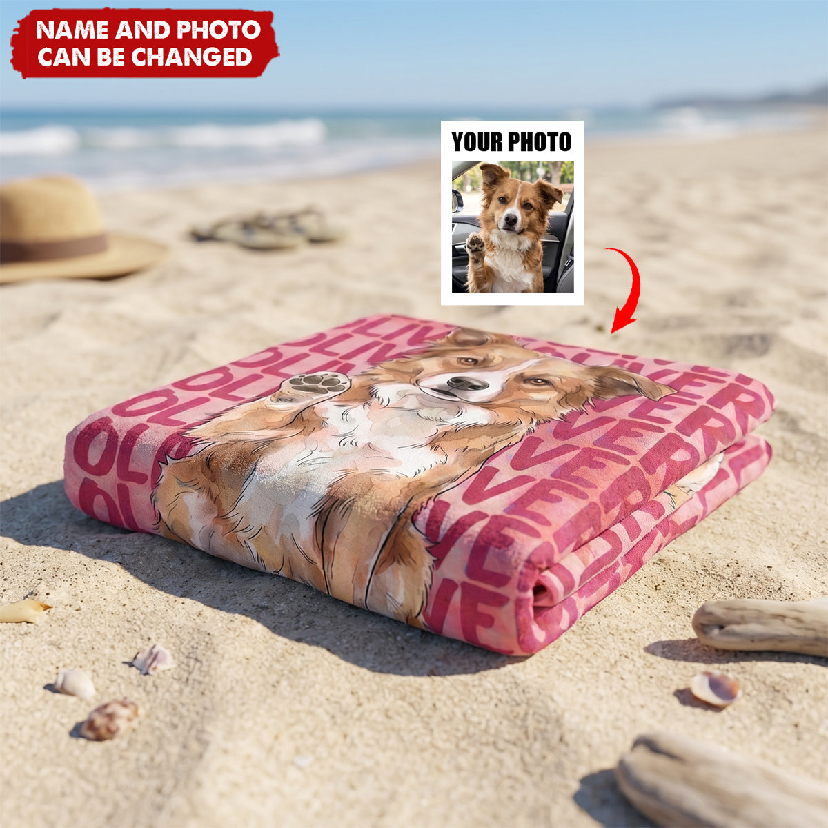 Custom Pet Portrait & Name Watercolor Style - Personalized Beach Towel