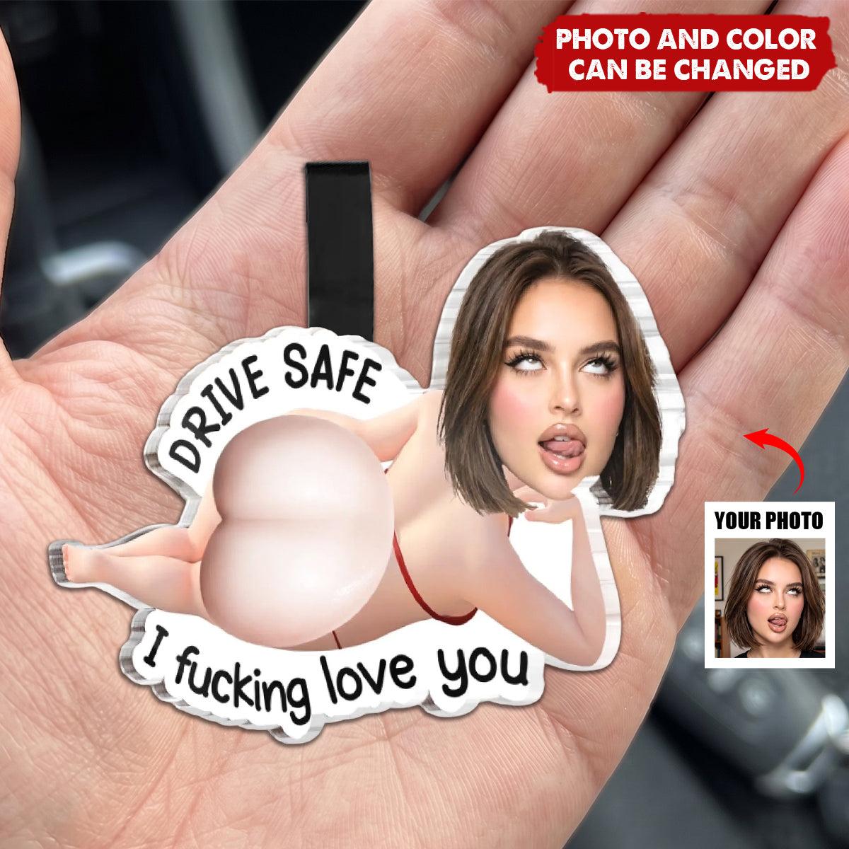 Custom Photo Squishy Acrylic Car Visor Ornament - Personalized Anniversary Wedding Gifts For Husband And Wife, Him And Her - Drive Safe, I Love You
