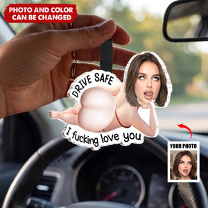 Custom Photo Squishy Acrylic Car Visor Ornament - Personalized Anniversary Wedding Gifts For Husband And Wife, Him And Her - Drive Safe, I Love You