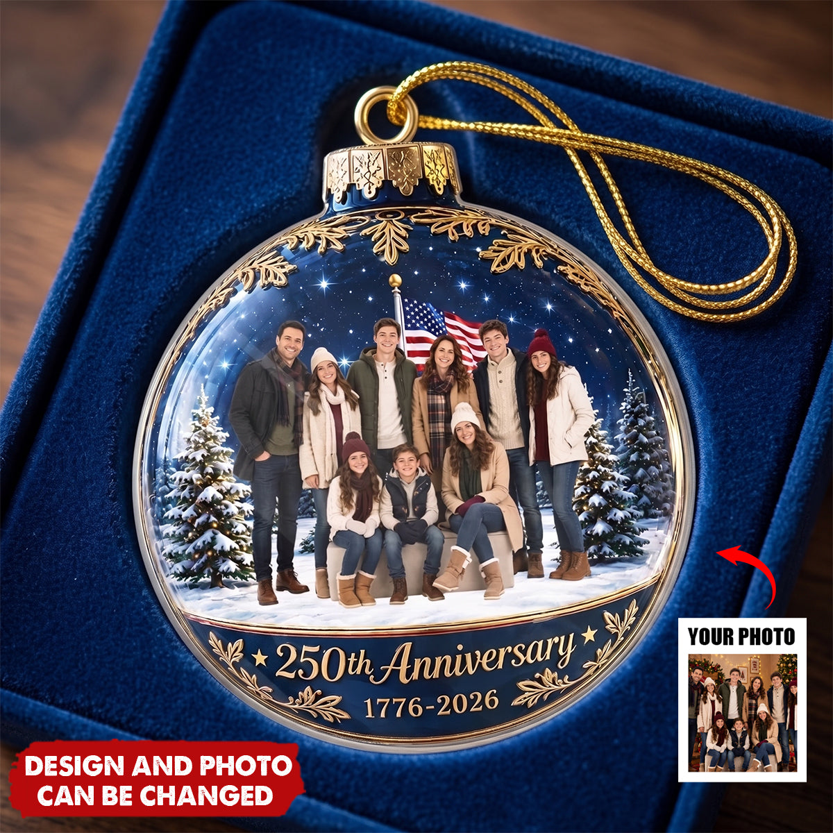 America turns 250, and your family's brightest moments deserve a place on the tree — right where they shine all season long. This custom acrylic ornament holds a photo that says: together is the best way to celebrate history, home, and heart.