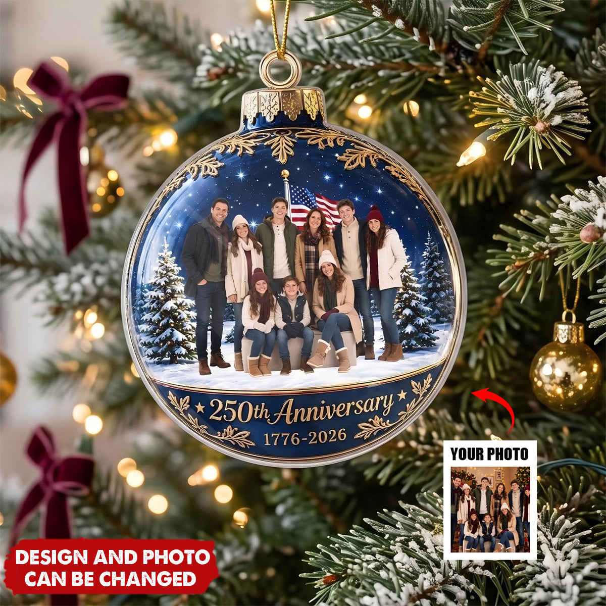 America turns 250, and your family's brightest moments deserve a place on the tree — right where they shine all season long. This custom acrylic ornament holds a photo that says: together is the best way to celebrate history, home, and heart.