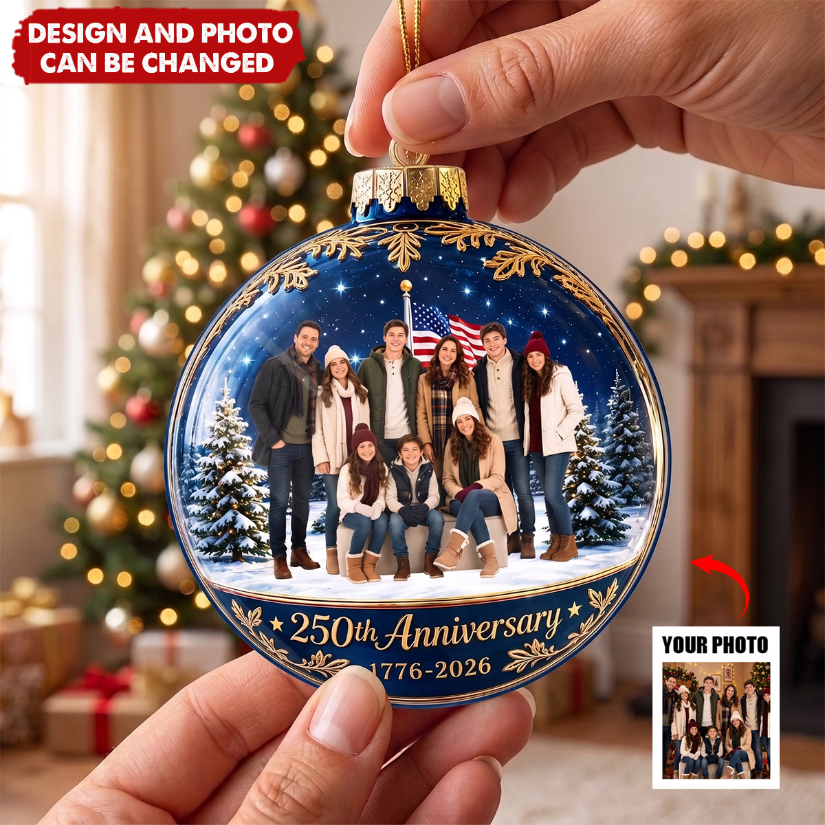 America turns 250, and your family's brightest moments deserve a place on the tree — right where they shine all season long. This custom acrylic ornament holds a photo that says: together is the best way to celebrate history, home, and heart.