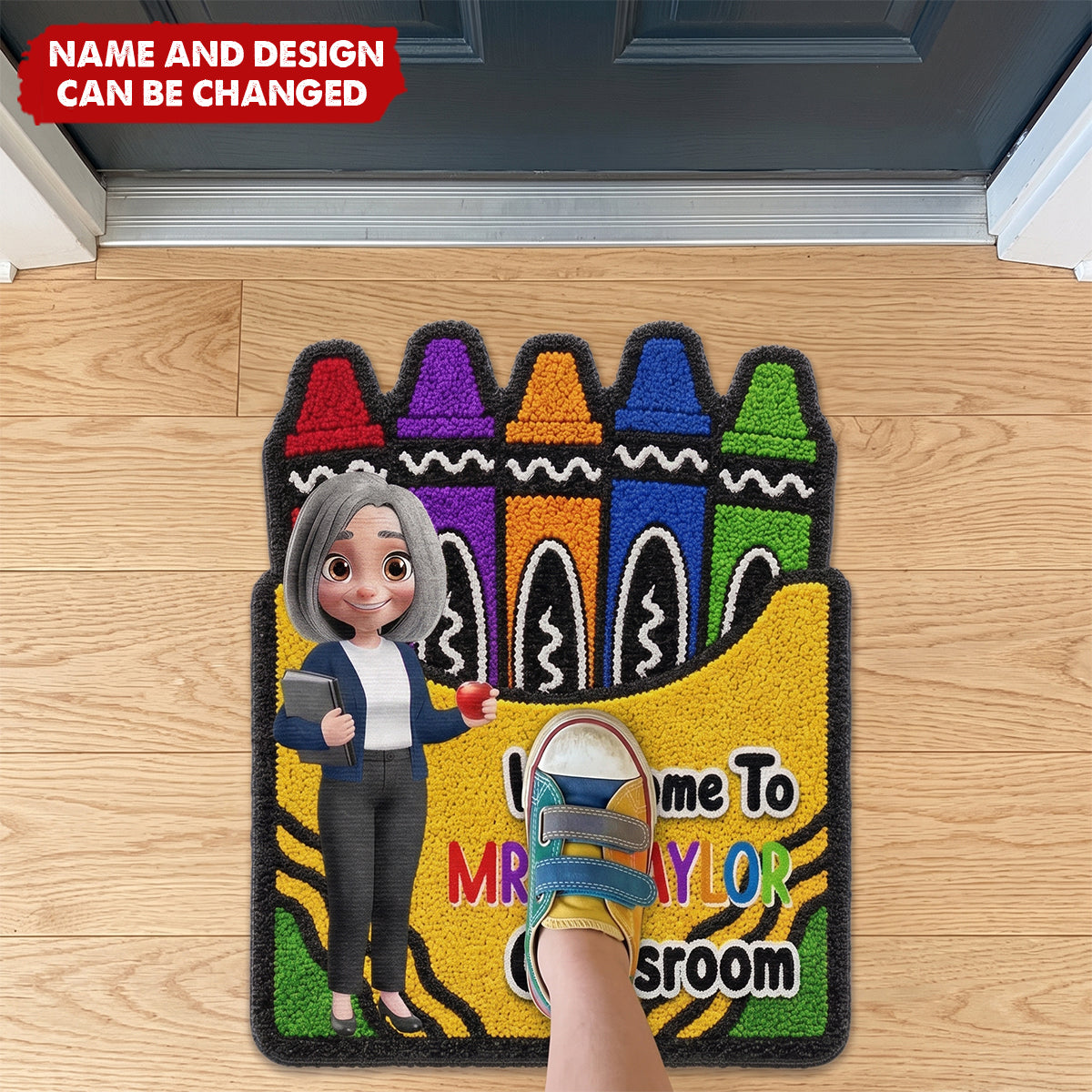 Faux Yarn Pattern Crayon Box Welcome To Classroom - Personalized Custom Shaped Doormat