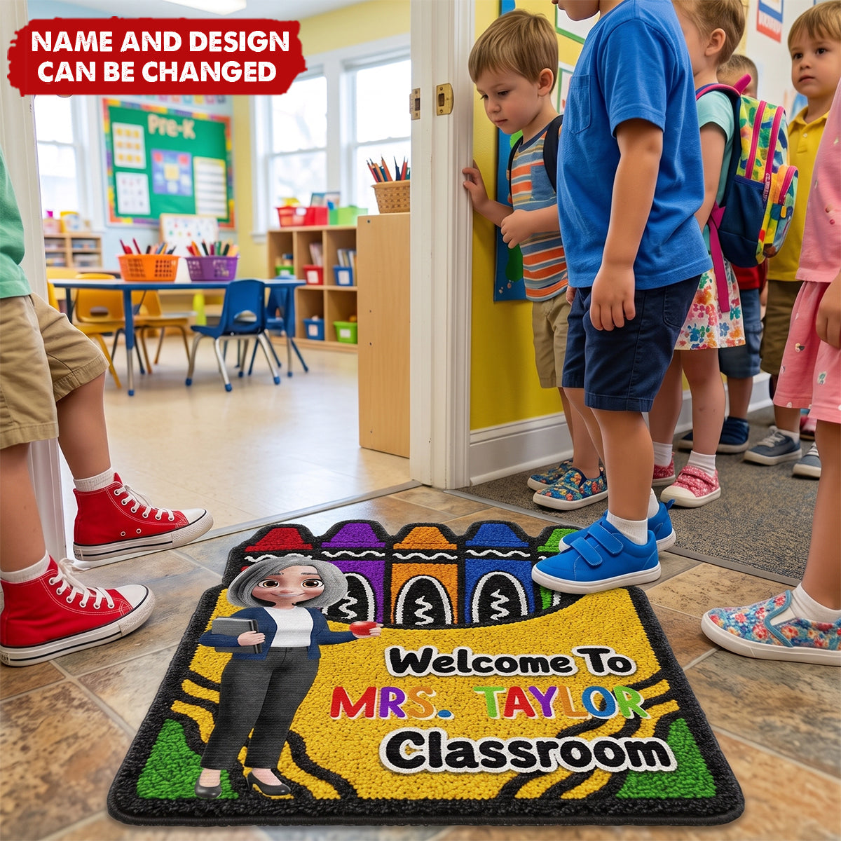 Faux Yarn Pattern Crayon Box Welcome To Classroom - Personalized Custom Shaped Doormat