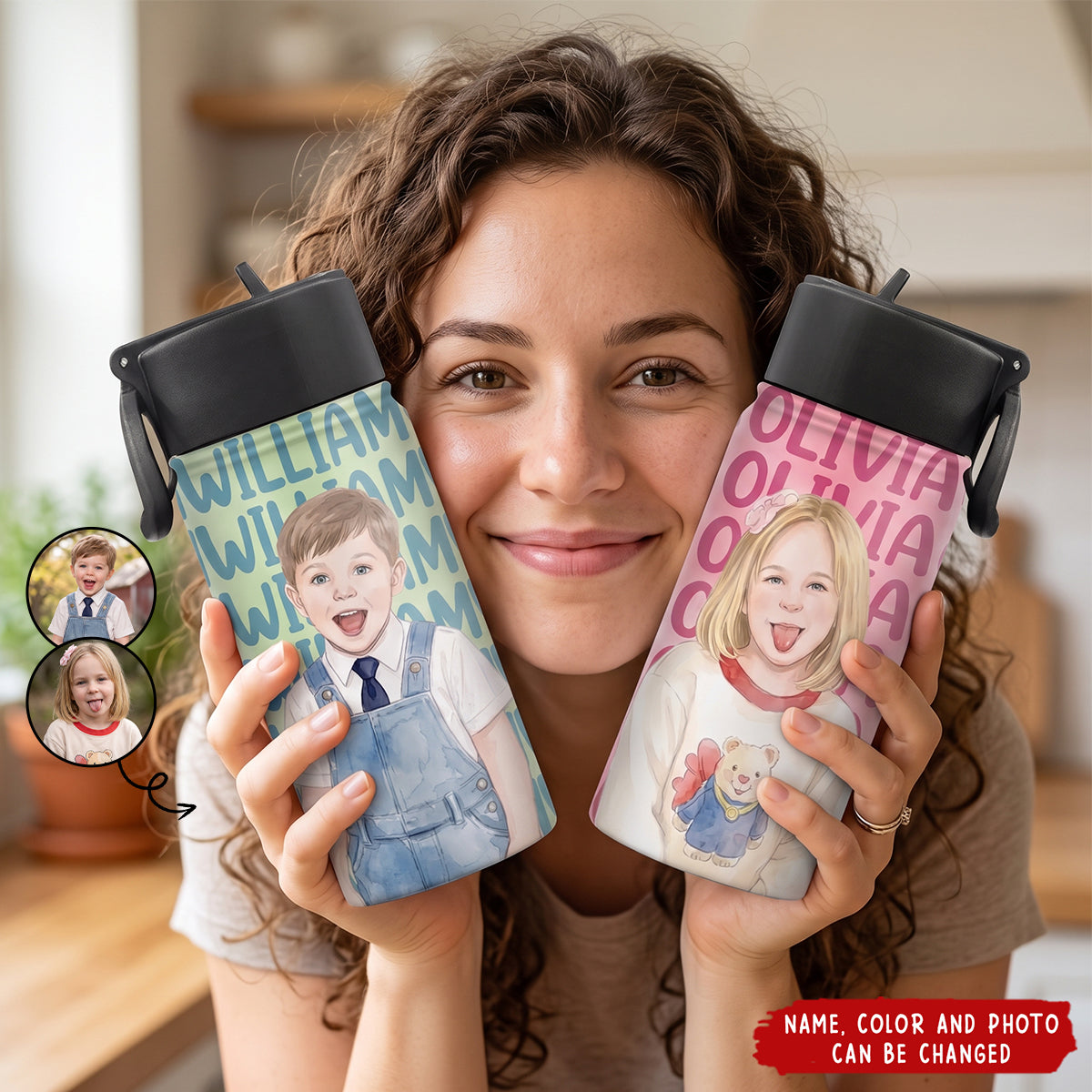 Custom Photo Realistic Watercolor Art Adorable Kid With Name - Personalized Kids Water Bottle